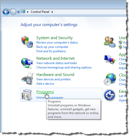 单击Windows 7中的“程序”链接