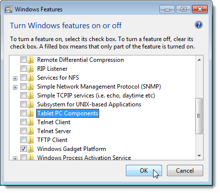 关闭“Windows功能”对话框
