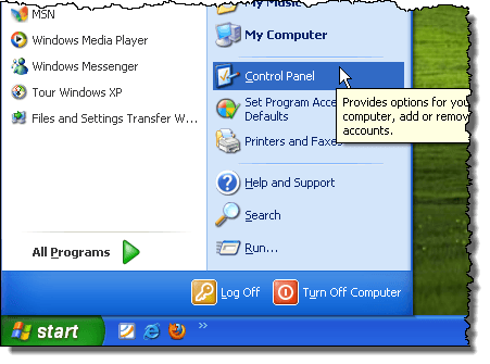 在Windows XP中打开控制面板