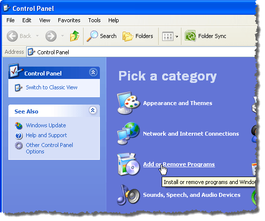 单击Windows XP中的“添加或删除程序”链接