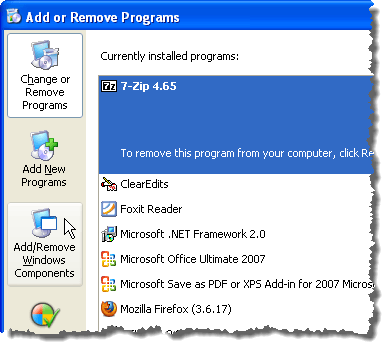 单击Windows XP中的“添加/删除Windows组件”