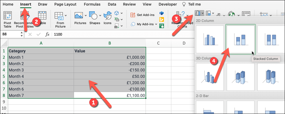 如何在 Microsoft Excel 中创建瀑布图图像 6